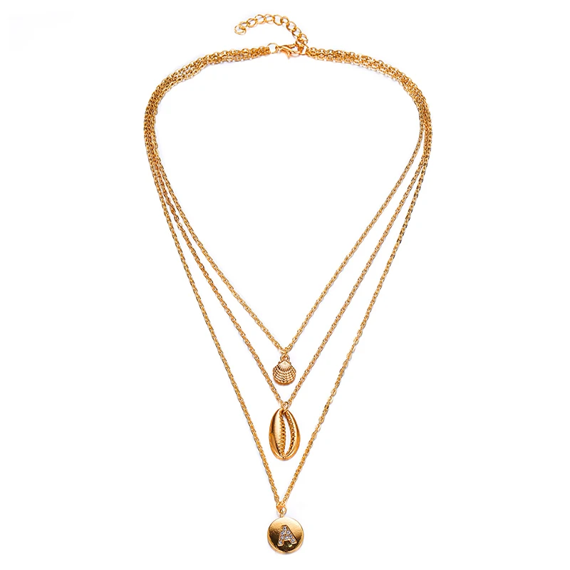 Bohemia Accessories Shell Inlaid Crystal Letter A Multi-layer Ladies Necklace Pendants For Women Medallion Jewelry | Украшения и