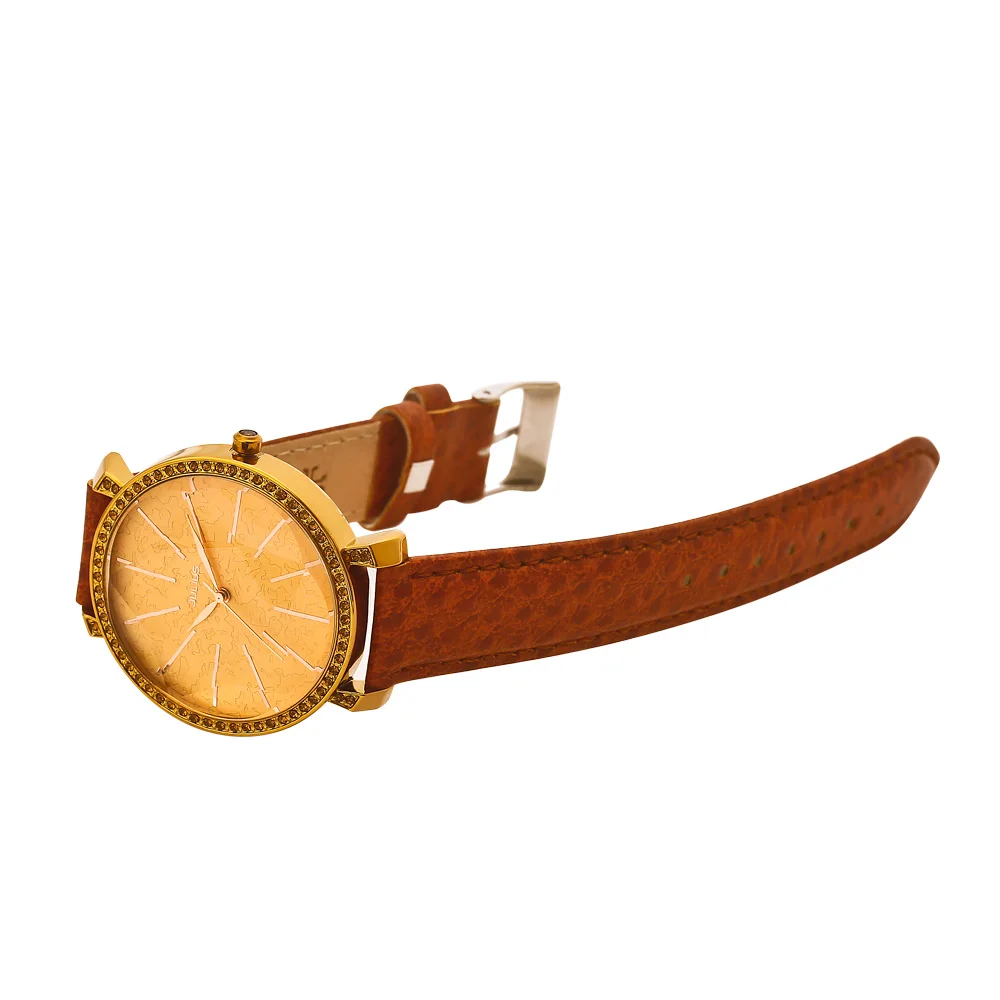 Женские кварцевые часы Julius бежевые с большим циферблатом японским кварцевым