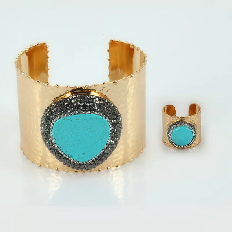 ring bangle set Роскошные ювелирные изделия Сердце& Круглый Синий тукезы камень амулеты в чисто Золотой цвет рамки открытый манжета браслет кольцо набор украшений для женщин - Окраска металла: ring bangle set