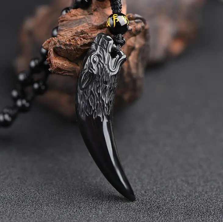 Прямая поставка черный обсидиан резьба голова Волка обдиан амулет кулон