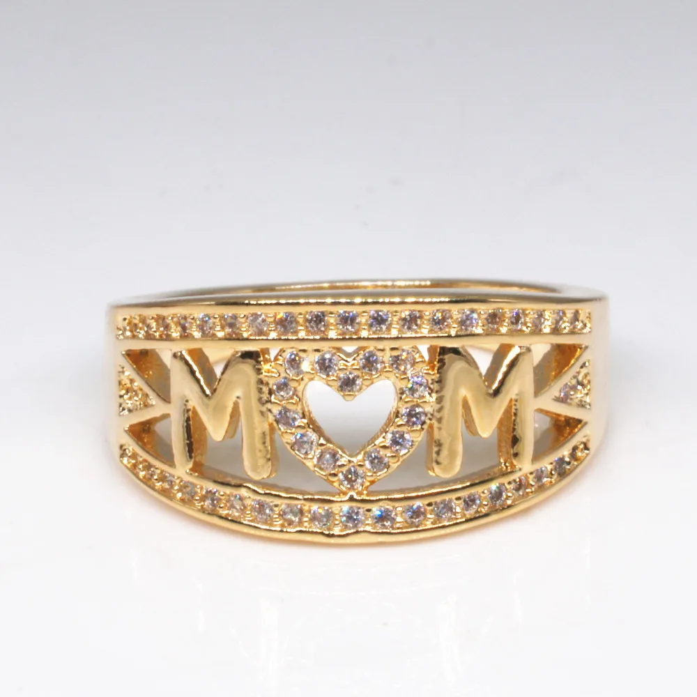 Hot Sale Mother's Day Gift Stamped Letter MOM for Mom Rings Gold Plating White Gold/Gold/Rose Color Zircon Heart Ring | Украшения и