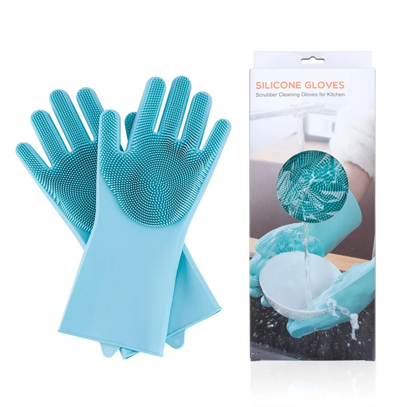 Blue with Box 1 пара перчаток для мытья посуды Волшебные силиконовые перчатки для мытья посуды термостойкие кухонные перчатки легко моющиеся - Цвет: Blue with Box