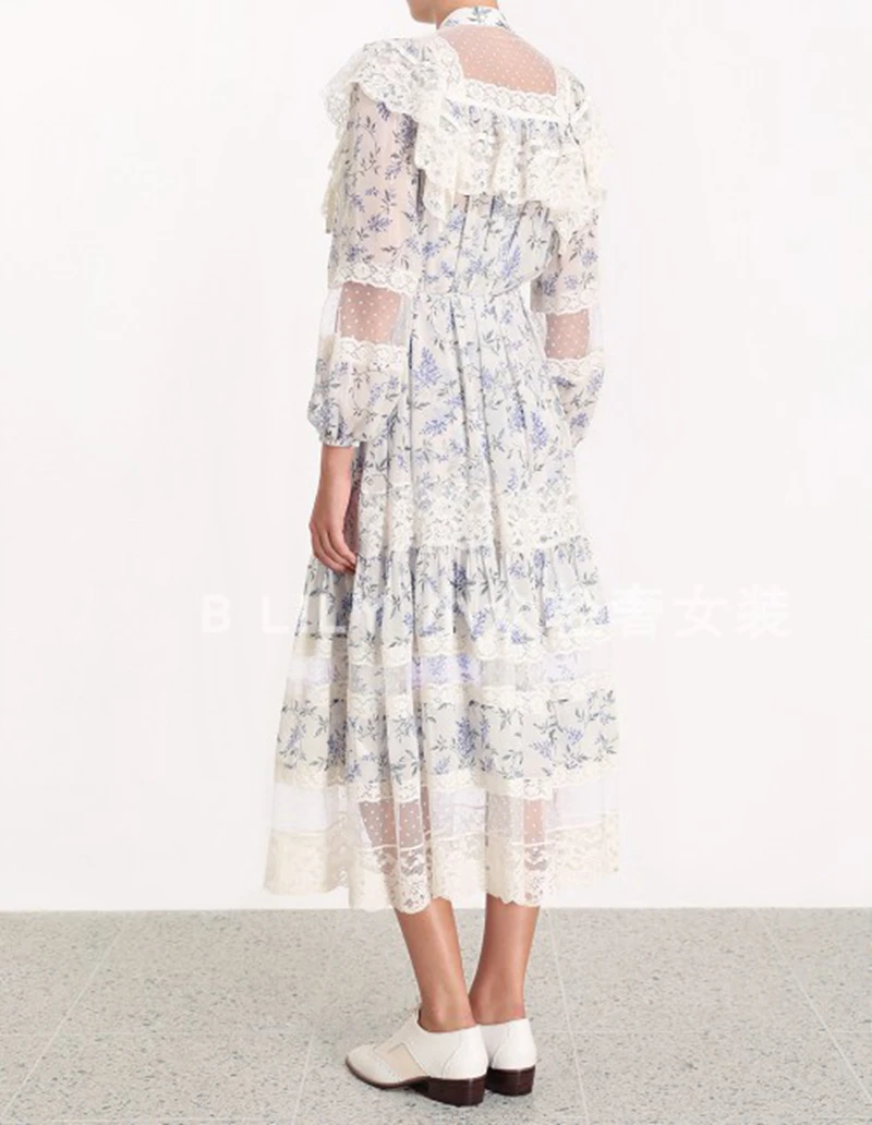 ZIM Designer Runway Summer Dress Women 2019 Lace Patchwork Flower Printed Dresses Stand Neck Puff Sleeve Two Pieces Set | Женская одежда