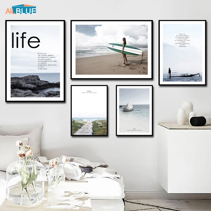 Scandinavian Poster Print Sea Wave Beach Landscape Painting For Living Room Wall Art Canvas Picture Quote Nordic Decoration Home | Дом и сад