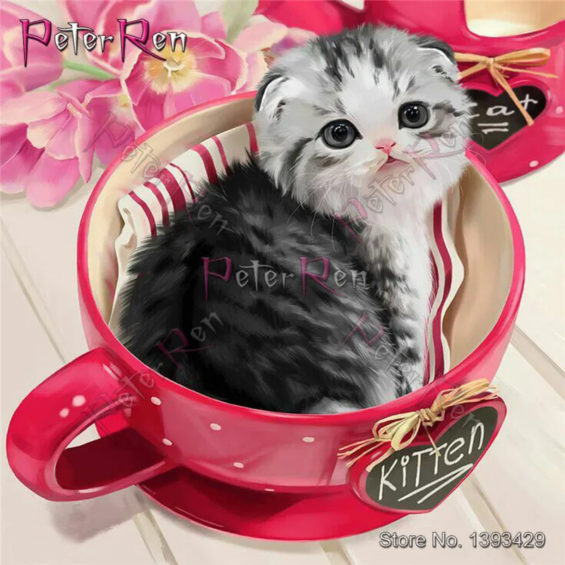 

Peter ren 5D DIY Diamond Painting Teacup cat Full Diamond embroidery Animal Cross stitch crystal Wall Paintings Crafts
