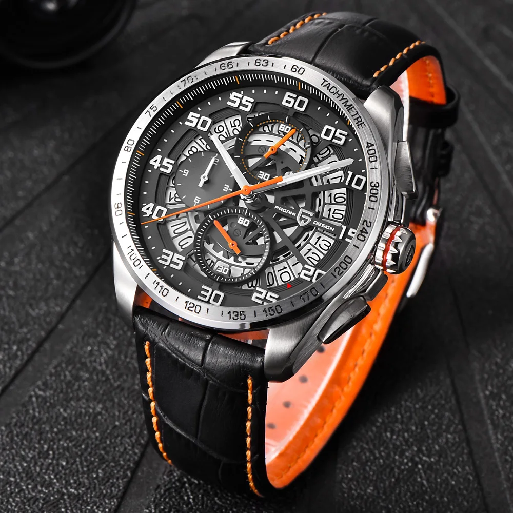 PAGANI DESIGN Luxury Brand Waterproof Leather Quartz Skeleton Watches Sports Chronograph Men's Relogios Masculino saat | Наручные