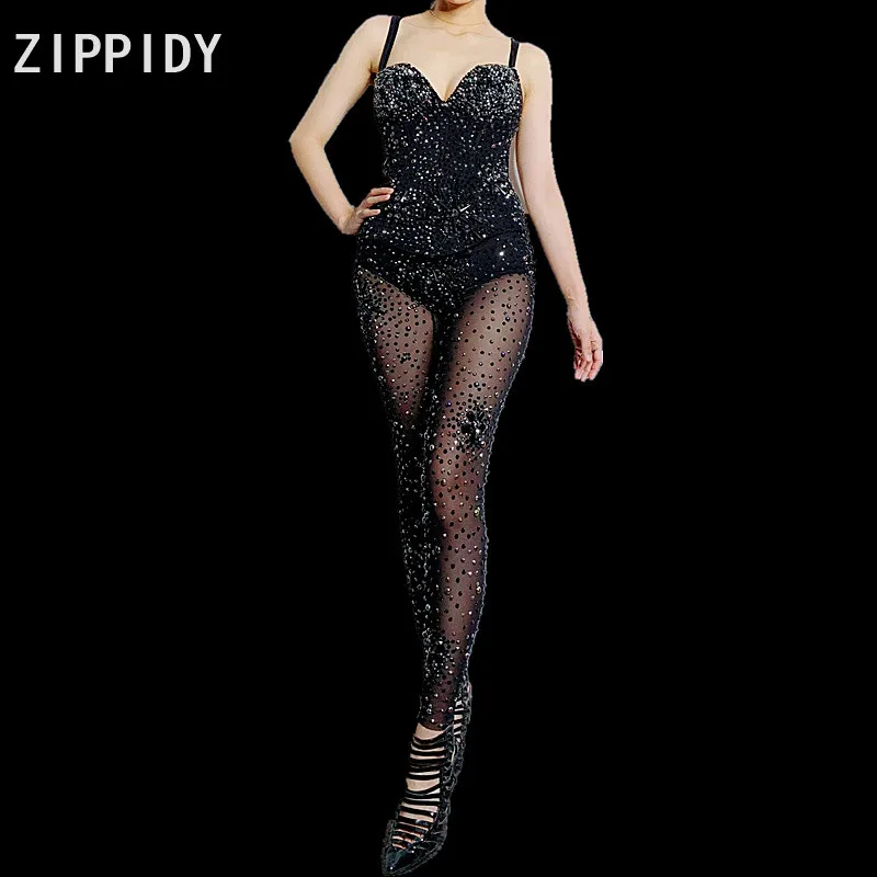 Full Black Rhinestones Flashing See Through Jumpsuit Birthday Celebrate Outfit Women Dance Show Singer Bodysuit Mesh Leggings