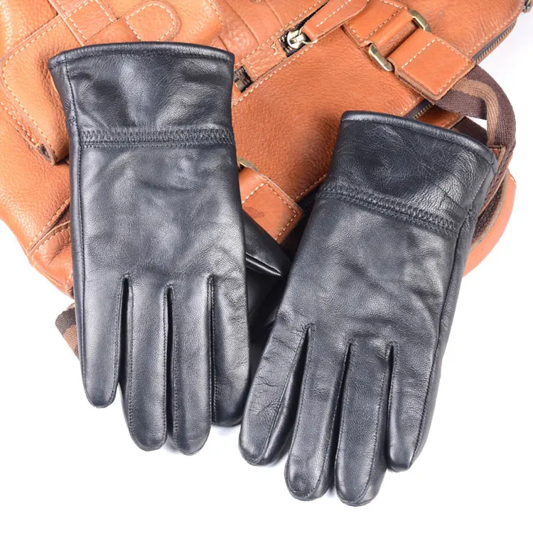 Plain leather Новые мужские зимние теплые перчатки из натуральной овечьей кожи с толстой подкладкой - Цвет: Plain leather