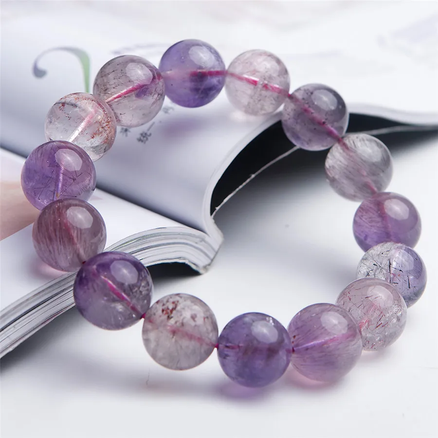Genuine Natural Purple Rutilated Quartz Bracelet 14mm Women Female Crystal Round Bead Melody Stone Super Seven | Украшения и