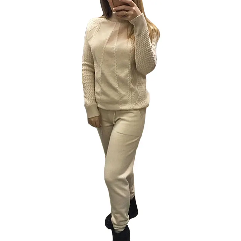 Apricot Женский утепленный вязаный костюм MVGIRLRU, мягкий костюм со свитером с переплетением и высоким воротником и с широкими брюками, спортивный костюм - Цвет: Apricot