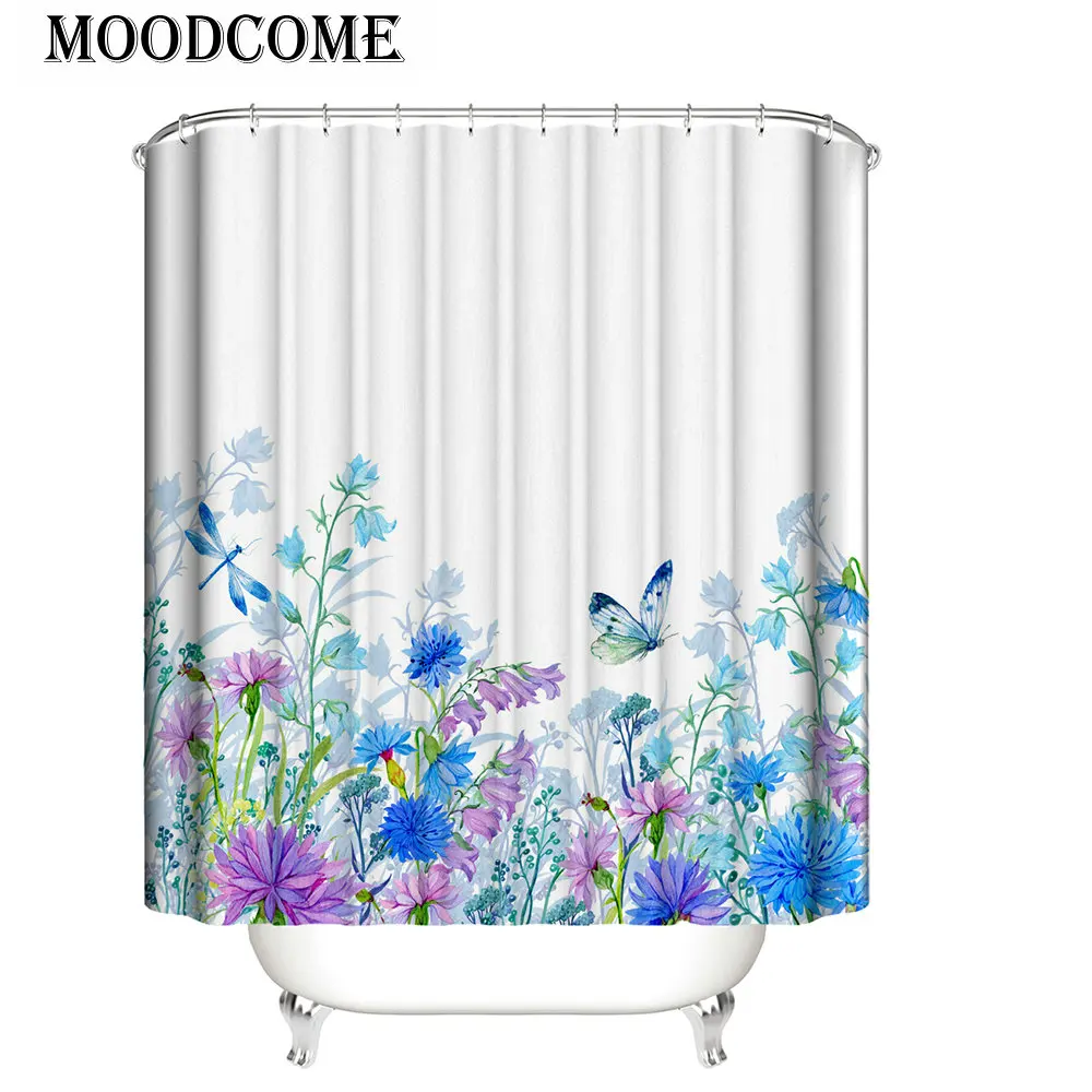 

Светло-голубая занавеска для душа в виде бабочки и стрекозы, Прямая поставка, занавеска для ванной с натуральными цветами и 12 крючками