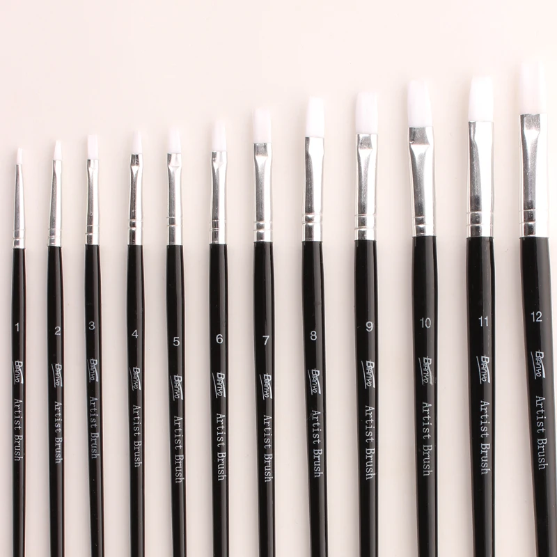 Бианьо 12 шт. черная деревянная ручка плоская головка набор акварельных кистей