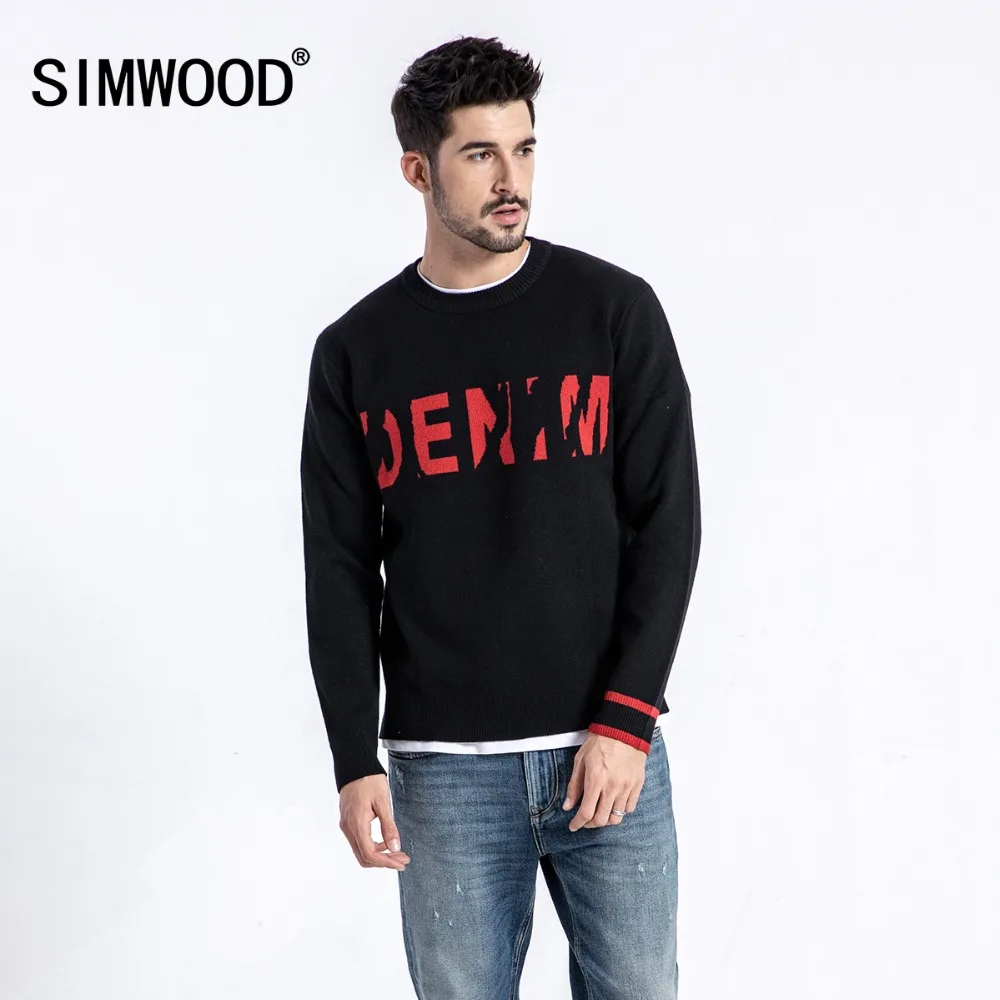 SIMWOOD модный жаккардовый свитер с надписью Мужская смесь шерсти трикотаж круглым