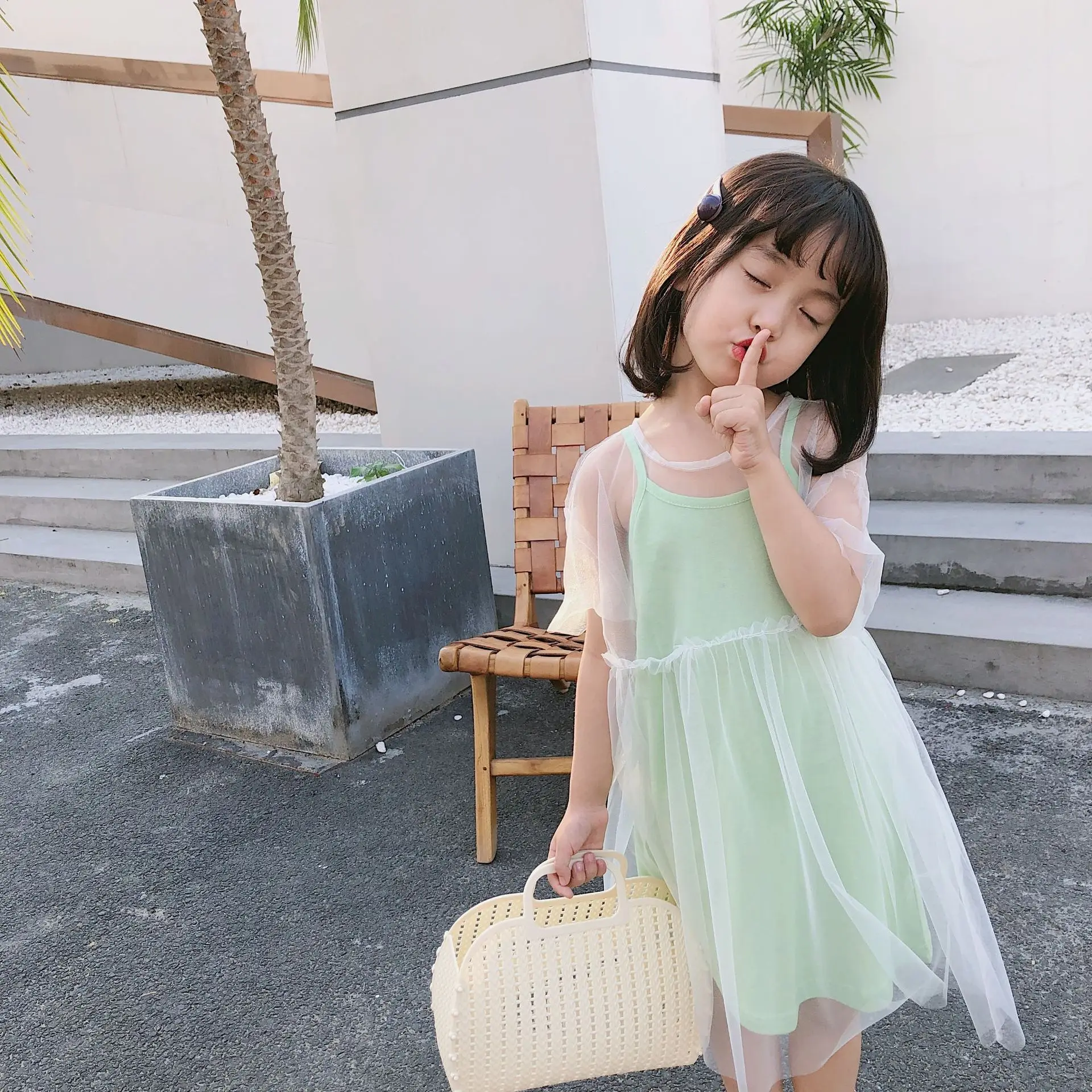 Summer Korean style sleevless solid color slip dress + mesh smock 2pcs suits for cute girls fashion casual dresses | Детская одежда и