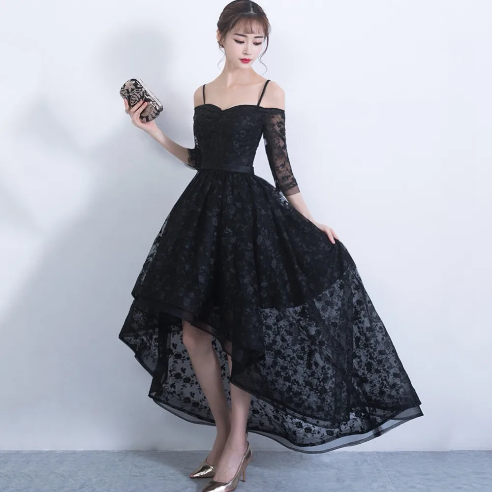 prom dresses sexy black lace vestidos de festa longo high/low dress with 3/4 sleeves sweetheart gown | Свадьбы и торжества