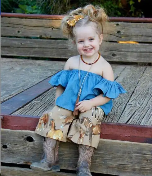 Джинсовая рубашка с открытыми плечами для маленьких девочек красивая летняя