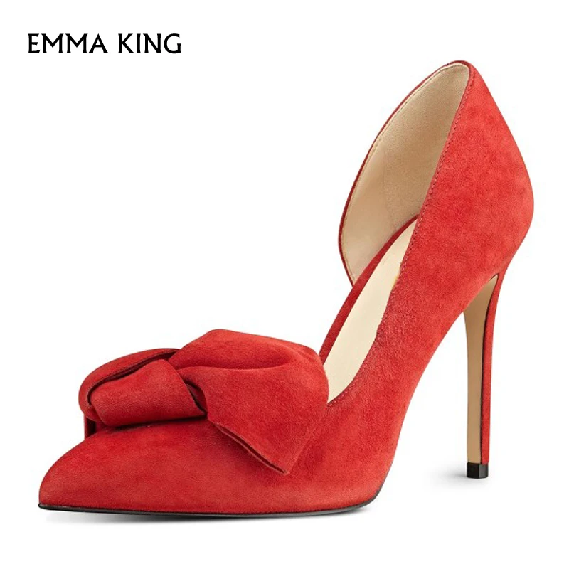 Emma king/Новые весенние элегантные замшевые туфли лодочки на шпильках с бантом