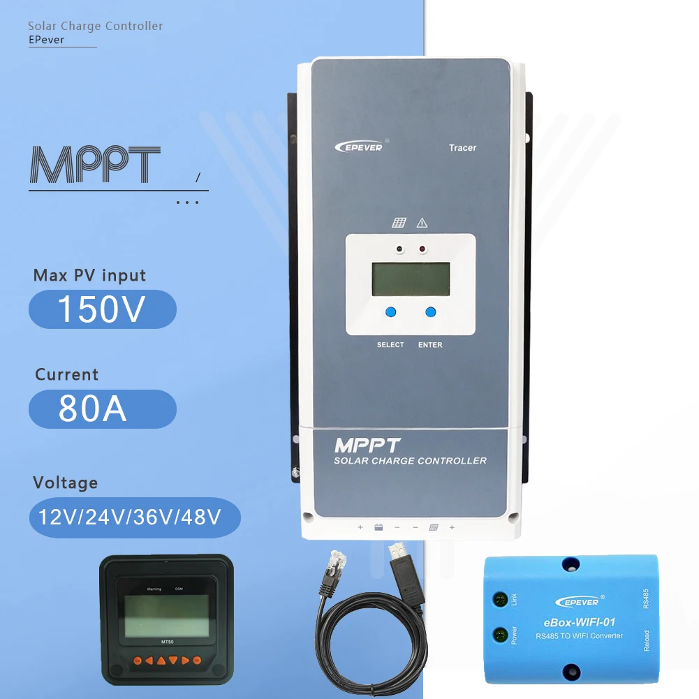 EPever Tracer8415AN 80A солнечное зарядное устройство MPPT контроллер 12 В 24 в 36 в 48 в авто для Max 150 в солнечная панель Входной регулятор с MT50 - Цвет: 80AN-MT50-RS485-WIFI