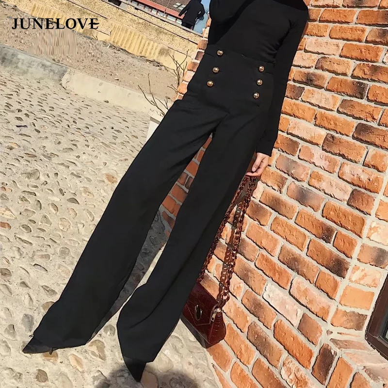 June Love 2019 весенние женские свободные длинные штаны черные однотонные на молнии