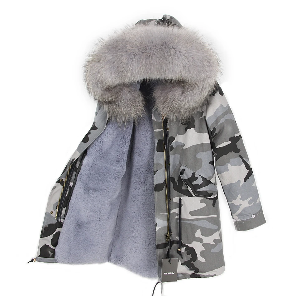 OFTBUY,, парка, длинная, серая, зимняя, куртка, пальто для женщин, натуральный мех, парка, натуральный мех енота, воротник, теплый, мягкий, искусственный мех, подкладка - Цвет: camo grey