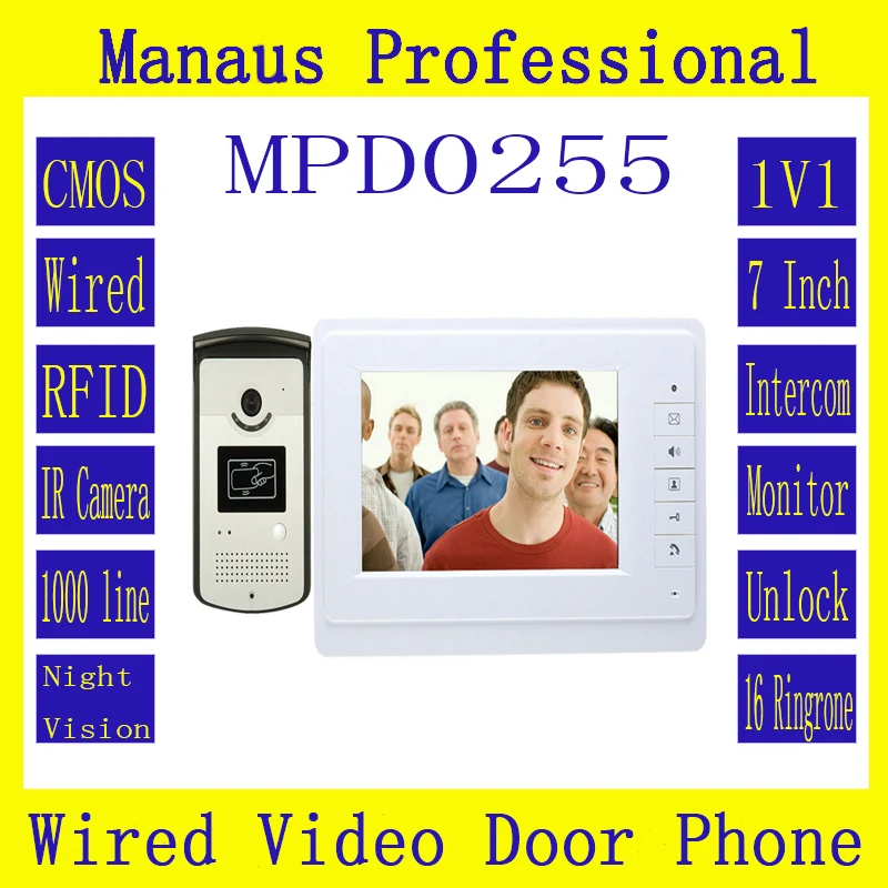 

Smarthome 7" Color Video Intercom Door Phone System With 1 White Monitor 1 RFID Card Reader HD IP44 Doorbell 1000TVL Camera D255