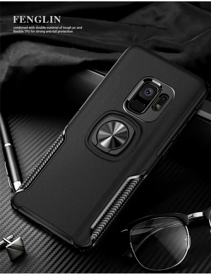 Для samsung Galaxy S8 S9 Plus Note 8 9 чехол из искусственной кожи с кольцом-держателем автомобильное магнитное крепление TPU Защитный чехол для J4 J6 J8 A8 плюс A7 A9