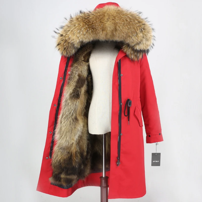 red natural OFTBUY X-long Parka, водонепроницаемая верхняя одежда, зимняя куртка для женщин, натуральный мех енота, капюшон, подкладка из лисьего меха, Съемный натуральный мех - Цвет: red natural