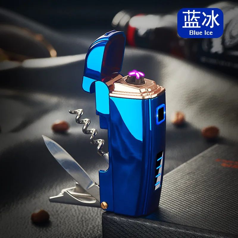 Креативная многофункциональная usb зарядка зажигалка с открывалкой для бутылок нож двойная дуга плазменная Зажигалка металлические электрические зажигалки для сигарет - Цвет: Blue