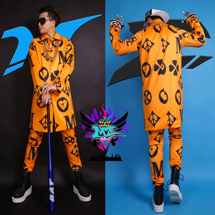 S 4xl! Мужской модный клубный певец Dj Grow Gd Runway оранжевый длинный Тренч с принтом в
