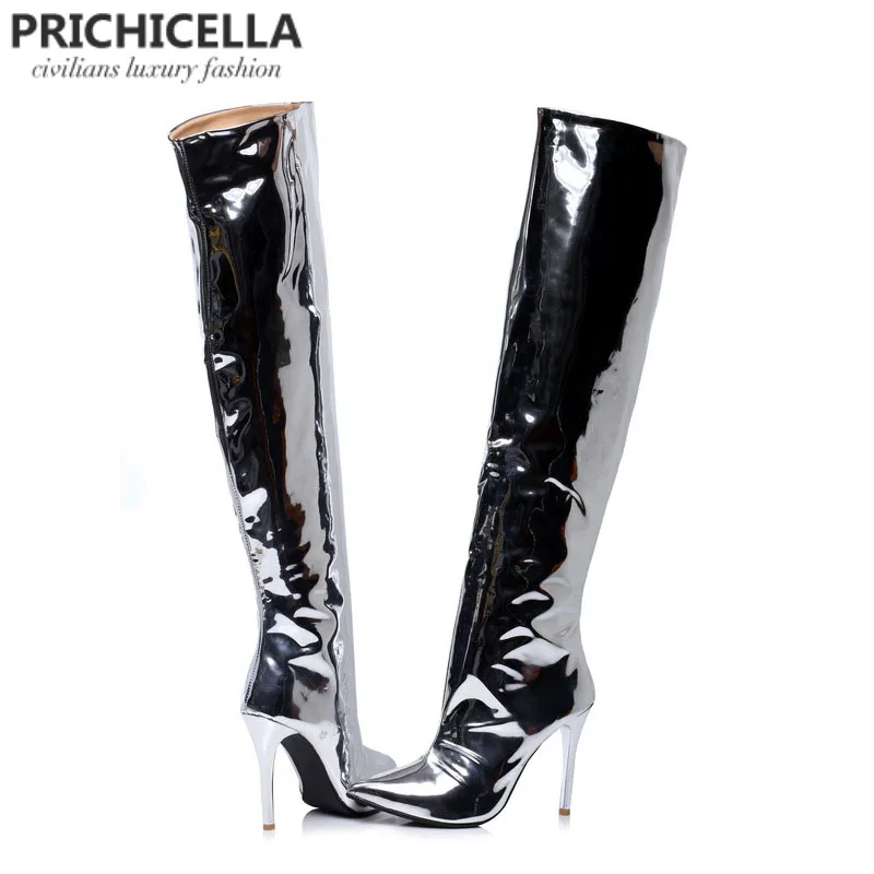 Стильные Серебристые высокие сапоги PRICHICELLA из зеркальной кожи с острым носком на