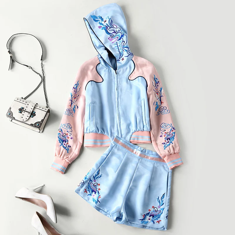 2019 Women's Runway Twinsets Hooded Collar Long Sleeves Embroidery Jackets with Shorts Fashion Two Piece Pants Sets | Женская одежда