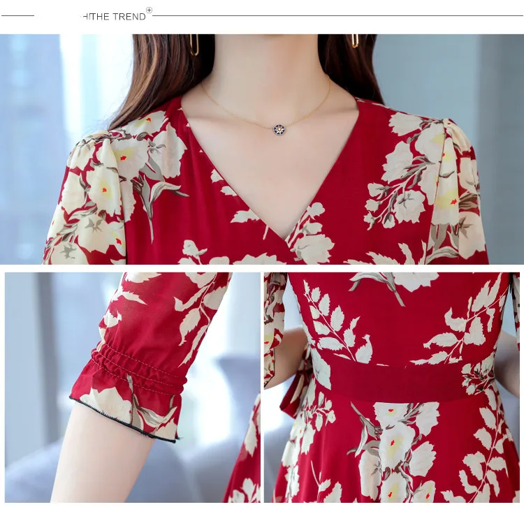 High Quality Plus Size Fashion Autumn New Arrival Collect Waist 3/4 Sleeve FeatherPrinting Woman Long V Neck Chiffon Dress