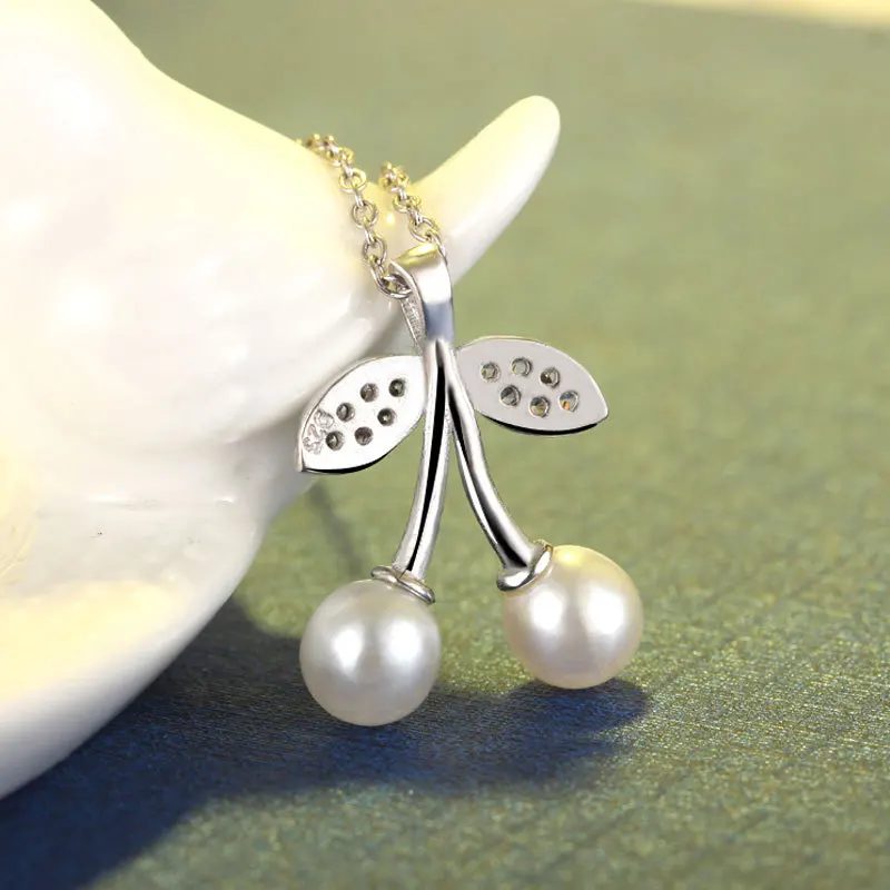 

FENGLI 925 Silver Color Pearl Cherry Necklace Bohemian Metal Long Chain Choker Cute Girl Women Accessories Wedding Gift