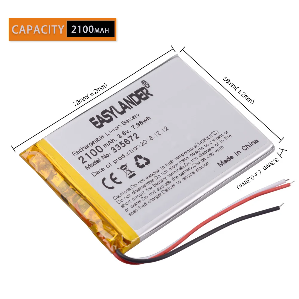 3 line 3.8v lithium ion rechargeable battery 335672 2100mah for china clone fake s7-edge G930 android phone DVR E-Book 355572 |