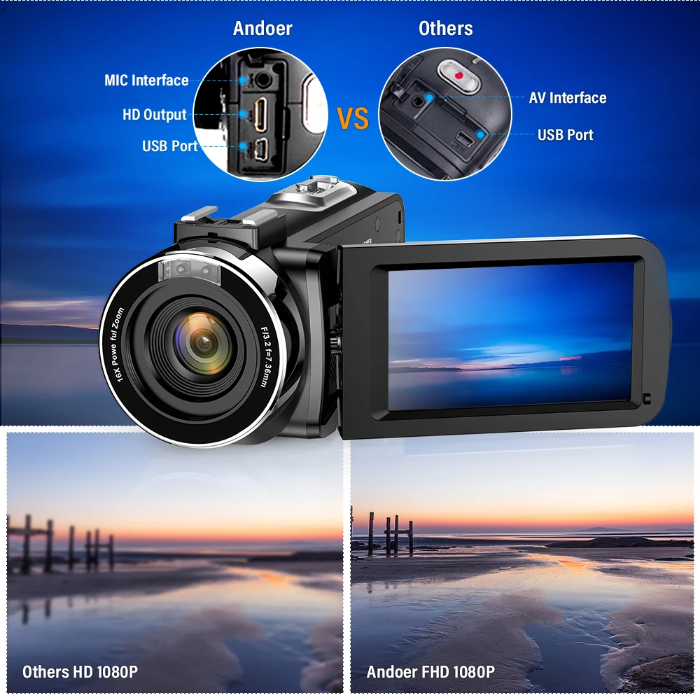 Andoer FHD 1080P Портативная Цифровая видеокамера Camecorder инфракрасное ночное видение 3," Вращающийся ЖК-экран 24MP 16X цифровой зум