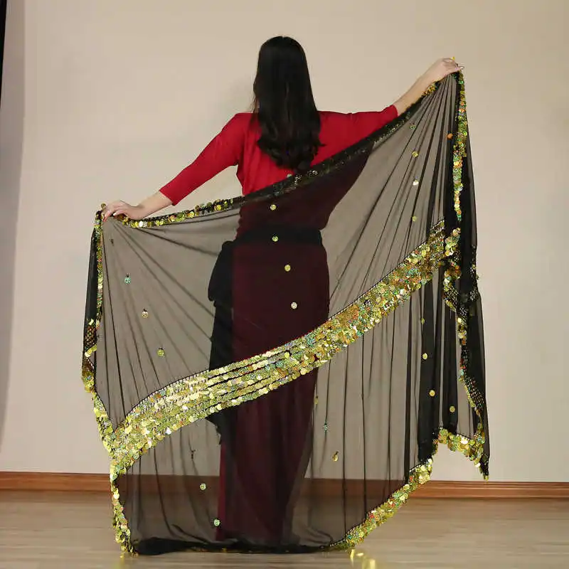 Golden Sequins Шелковые Вуали для танца живота, шарф, шаль, 230 см* 140 см, малая шелковая вуаль, 3 цвета, блестки, аксессуары для танцоров, для женщин - Цвет: Golden Sequins