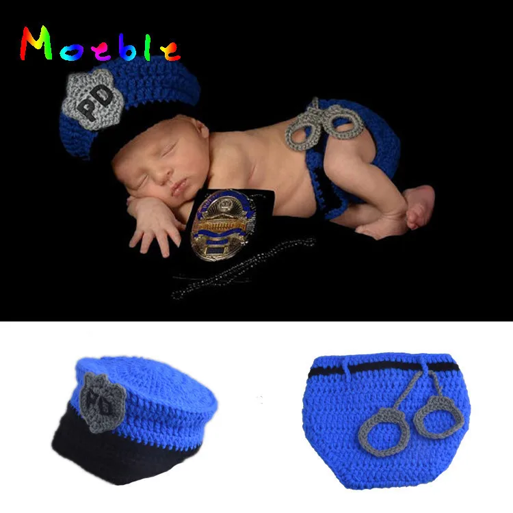 

Hot SALE Newborn Baby Police Outfit Crochet Baby Police Hat&diaper with handcuffs Knitted Infant Boy Halloween Costume MZS-15067