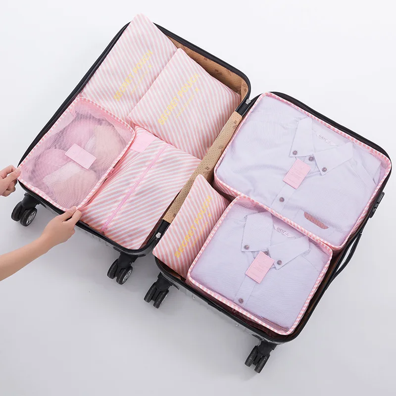 Pink stripe 7 шт./компл. путешествия Чемодан организатор мешок Водонепроницаемый Для женщин дорожный набор упаковочный кисет для куб для Костюмы обувь нижнее белье Косметика - Цвет: Pink stripe