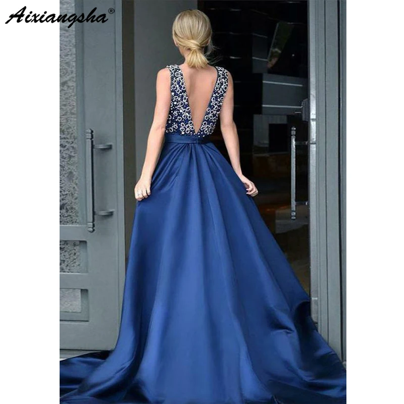 

Sexy Long Prom Dresses A-line V-neck Sleevelss A-line Rhinestone Dark Navy Sexy Long Prom Dress robe de soiree