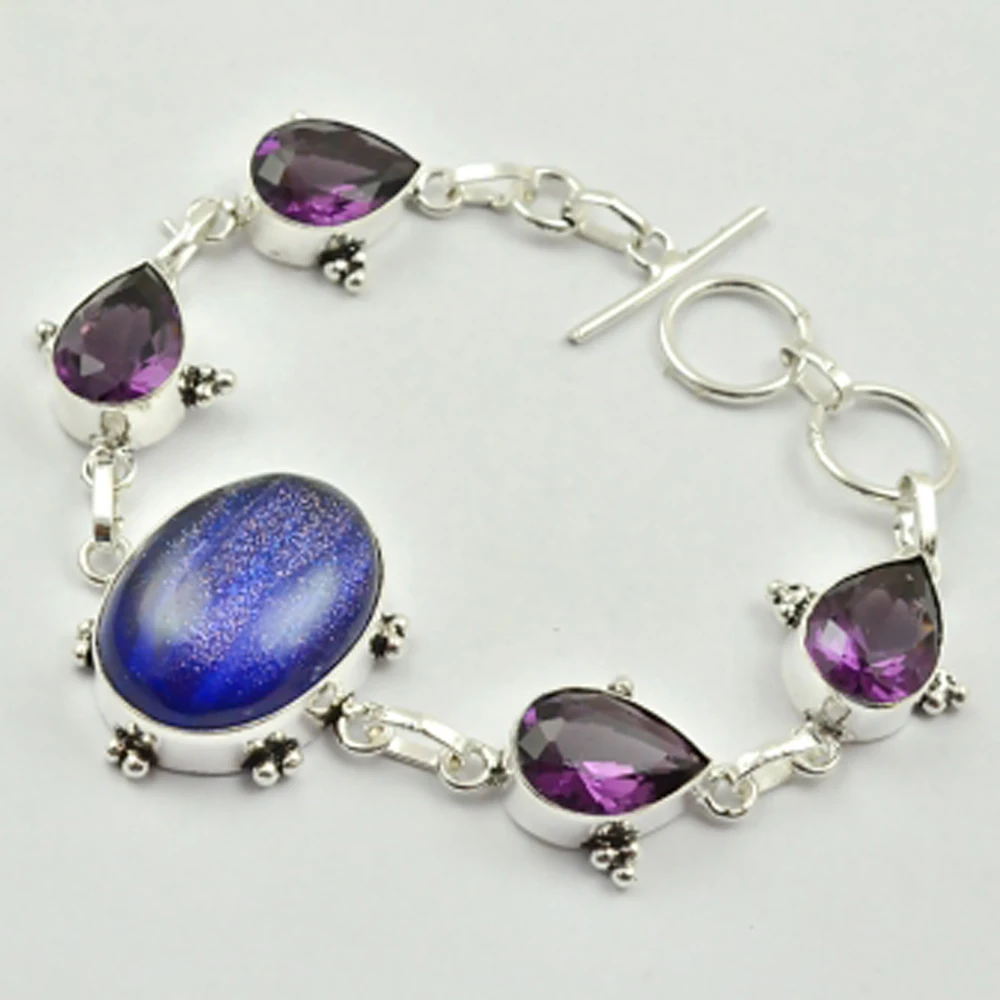 

Sun Stone & Amethysts Bracelet Silver Overlay over Copper, 19.5cm , B3064