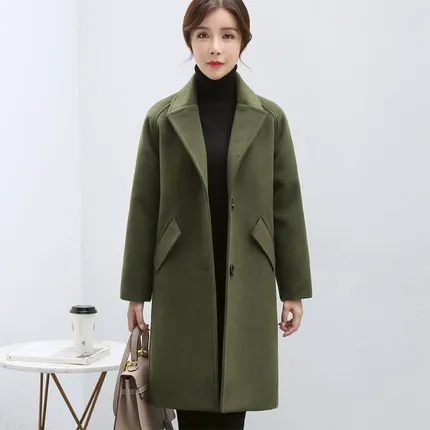 Army Green Корейская Длинная зимняя куртка, Женское шерстяное пальто, осень, плюс размер, плотное теплое студенческое Женское пальто, Элегантное Черное Женское шерстяное пальто - Цвет: Army Green