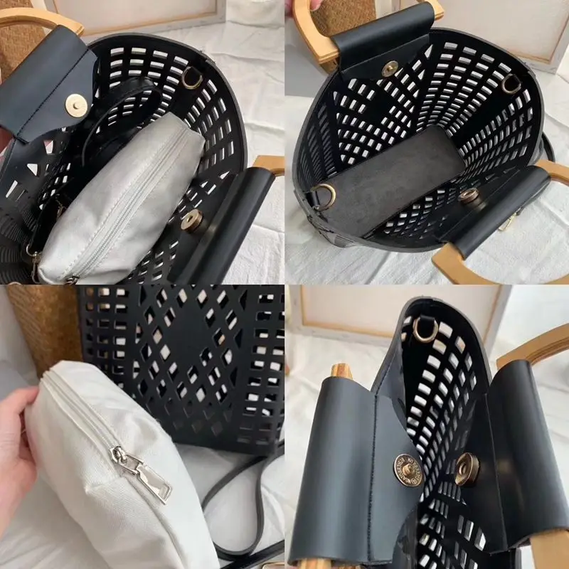 Women Bags Handbags 2019 Famous Brands Hollow Out Beach Bag Bolsa Feminina Wood handle tote bags PU leather shoulder bag S1890 | Багаж и