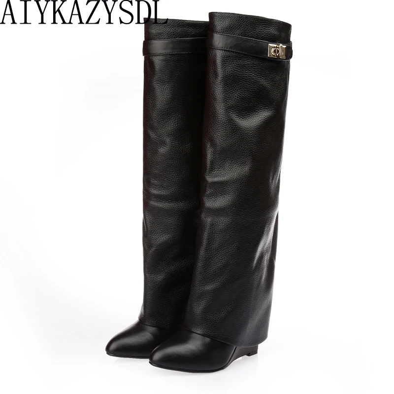 

AIYKAZYSDL 2018 Women Knee High Boots Genuine Leather Knight Motorcycle Boots Wedge Heel Buckle Strap Gladiator Shoes Plus Size