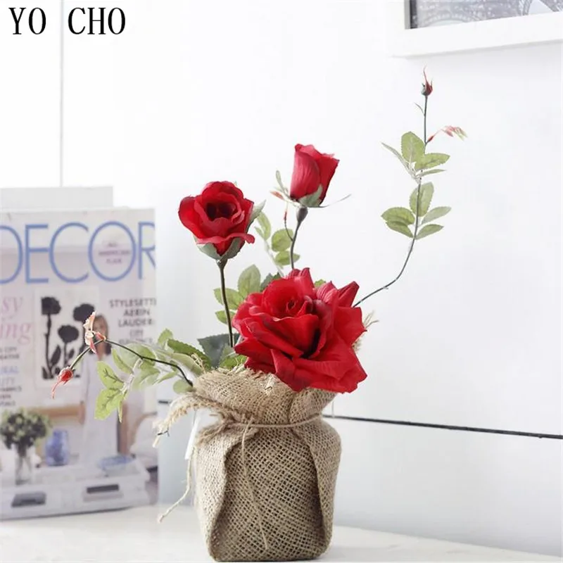 Оптовая продажа искусственные розы в горшках льняная упаковка с вазой подарок