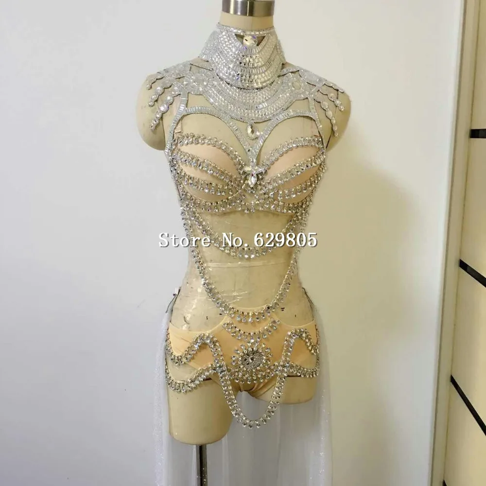Боди Стразы с блестками женский костюм певец сексуальная кожа белый DJ MC DS