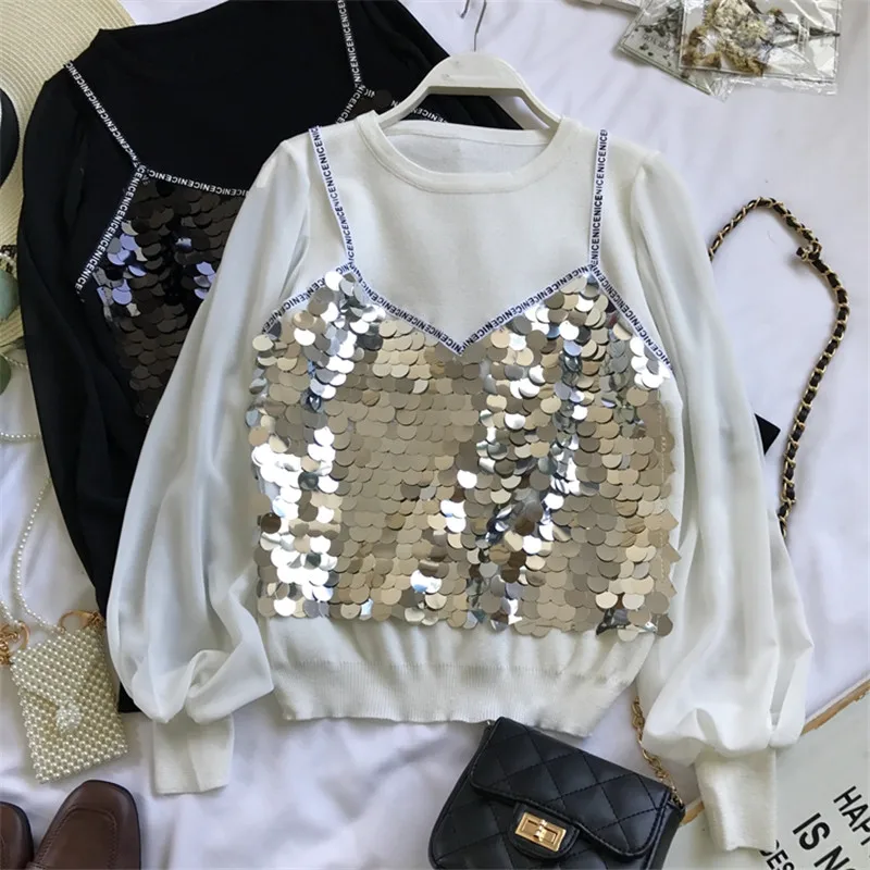 Neploe поддельные две Piees блестящие блестками Blusas с буквенным принтом грациозная женская блузка Весна Осень Новая Модная элегантная рубашка 69261