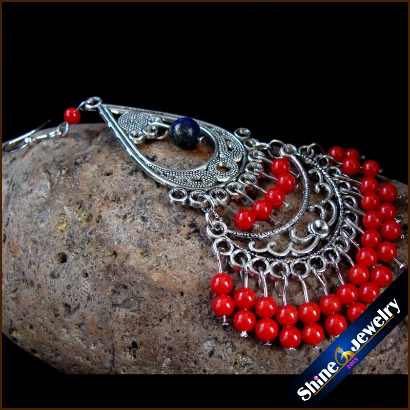 Винтажные тибетские стильные модные украшения серьги для женщин с коралловым