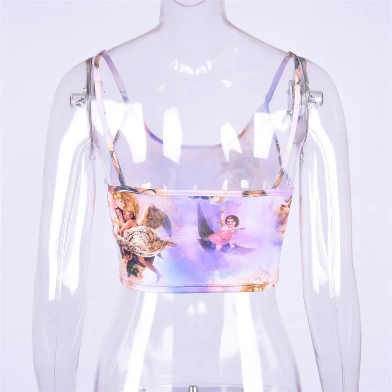 Aphrodite Home Women Crop Tops Sexy Fashion Cartoon Print Spaghetti Straps Slash Neck Slim Fit Camis Female Party Club Short Tee
