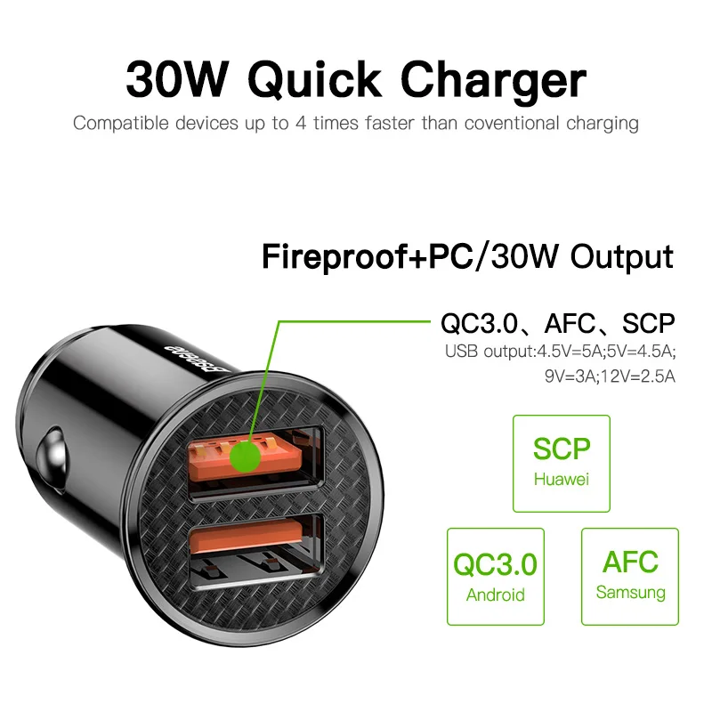 baseus 30w car fast charger quick charge 4 0 3 0 usb type c fast charging car phone charger for huawei xiaomi iphone 12 free global shipping