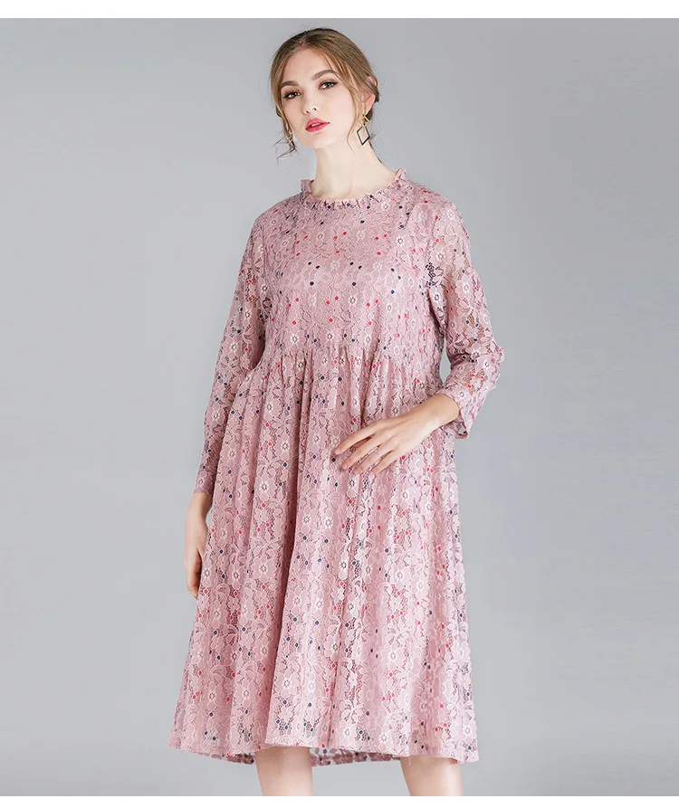 XL, XXL, XXXL, 4XL размера плюс, кружевное платье, женское, на шнуровке, с длинным рукавом, свободное, ТРАПЕЦИЕВИДНОЕ ПЛАТЬЕ, элегантное, в горошек, с принтом, вечерние, миди, розовое, зеленое